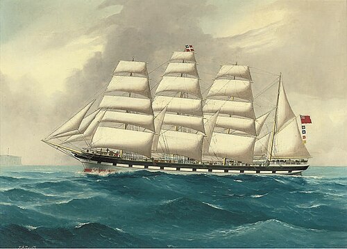 The four-masted barque ‚West Lothian‘ under full sail off Sydney Heads, , Reginald Arthur Borstel