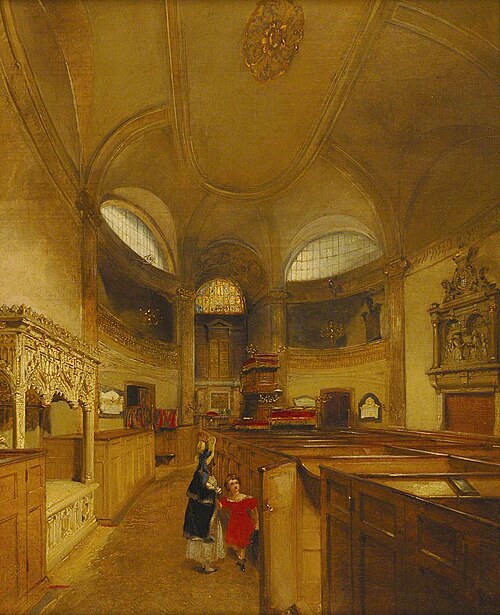 Interior of St Martin Outwich, London, 1838, Daniel Pasmore I