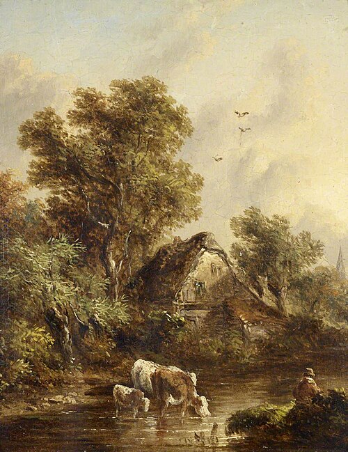 Cows watering by a Cottage among Trees, 1842, Richard H. Hilder