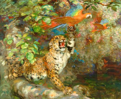 A Jaguar and Macaws (or 'Just Missed' or 'On The Banks of The Orinoco), 1912, William Walls