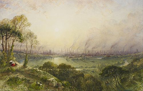 Manchester from Kersal Moor, with rustic figures and goats, 1852, William Wyld