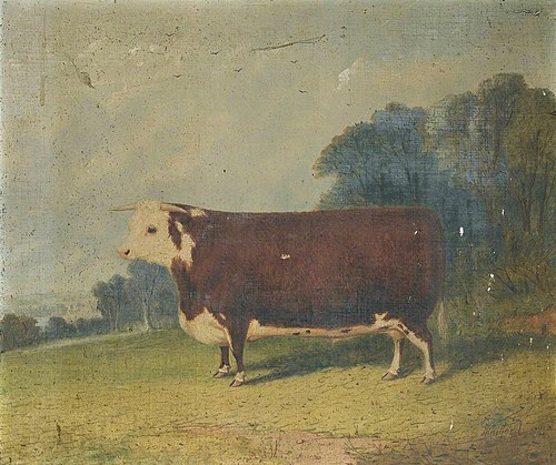 A Prize Bull in a Wooded River Landscape, 1878, Richard Whitford