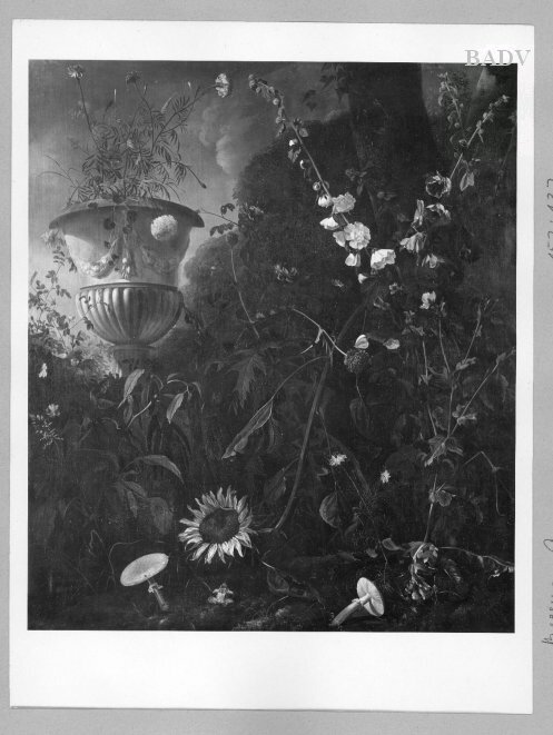 Blumenstück im Garten mit großer Vase, Malven und Pilzen, 1662, Abraham Begeyn