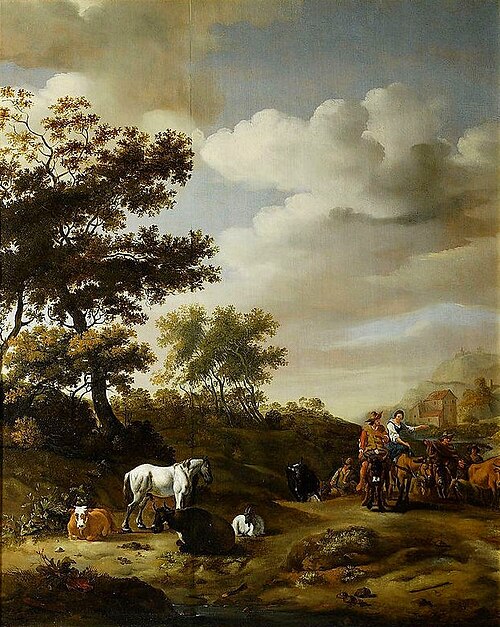 Paysage avec les voyageurs et les bovins., 1660, Abraham Begeyn