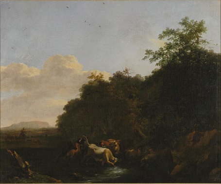 Landscape with a bull breaking loose, 1700, Abraham Begeyn