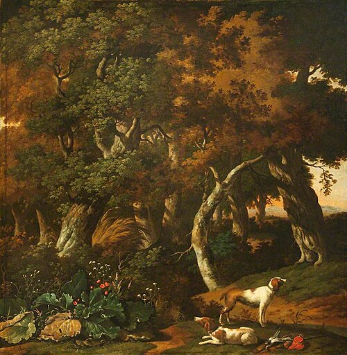 Landscape with Two Hunting Dogs, 1676, Abraham Begeyn