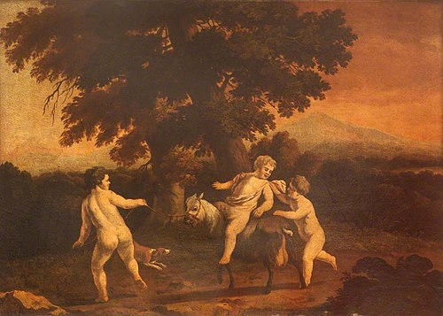 Landscape with Three Naked Boys, one riding a goat, 1676, Abraham Begeyn
