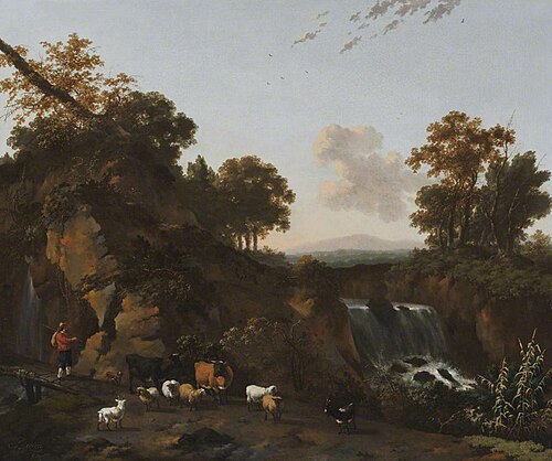 Landscape with Waterfalls, Cowherd, Sheep, Goats and Cattle, 1664, Abraham Begeyn