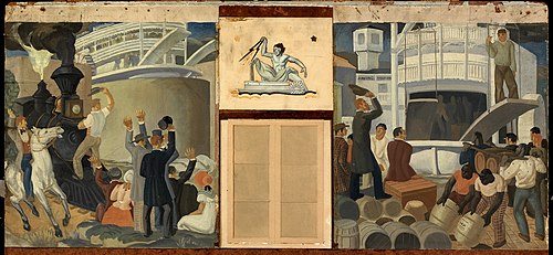 The Train and Loading the Boat (mural study, Louisville, Kentucky Marine Hospital), 1936, Henrik Martin Mayer