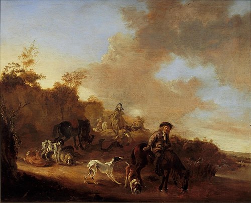 Landscape with horsemen and dogs, 1649, Dirk Stoop
