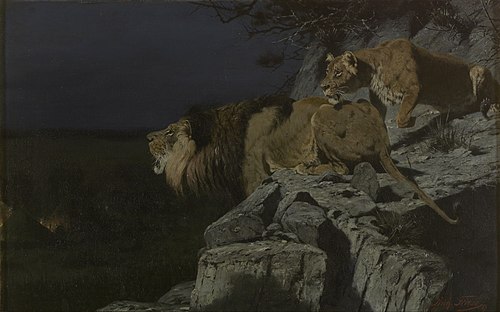 Leeuwenpaar loerend naar nachtelijk kampvuur, 1887, Richard Friese