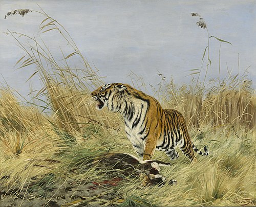 Koningstijger met gedode nijlgau-antilope, 1889, Richard Friese