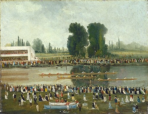 Rowing Scene: Crowds Watching from the River Banks, 1850, E. Levy