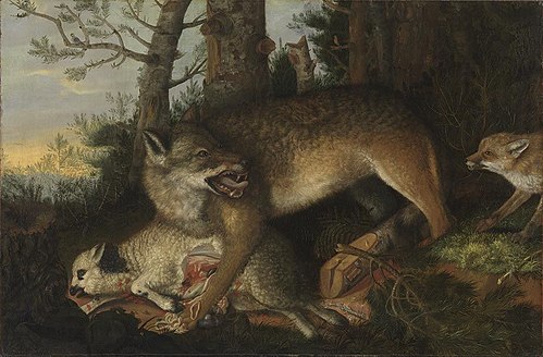 Wolf, fox and sheep, 1666, Franz Rösel von Rosenhof
