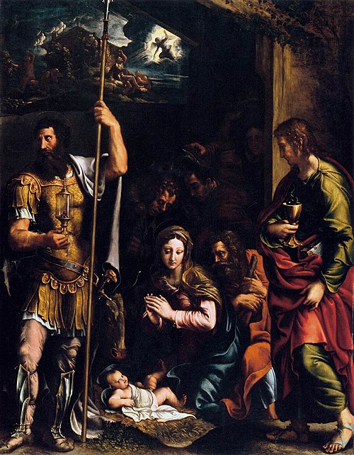 L'Adoration des bergers entre saint Longin et saint Jean l'Évangéliste, 1532, Giulio Romano