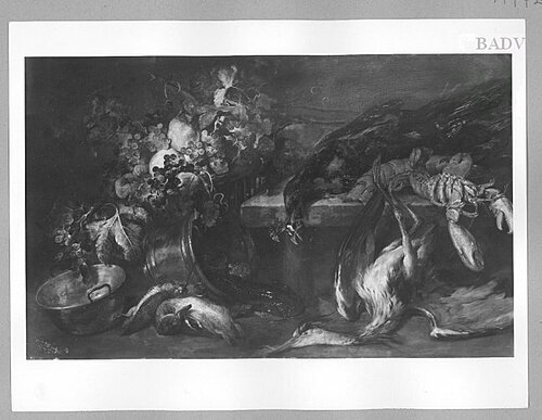 Großes Stillleben mit Pfau, Reiher, Hummer und Früchten, 1897, Ludwig Adam Kunz