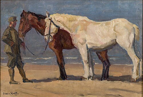 Paarden op het strand van Katwijk, 1915, Louis Hartz