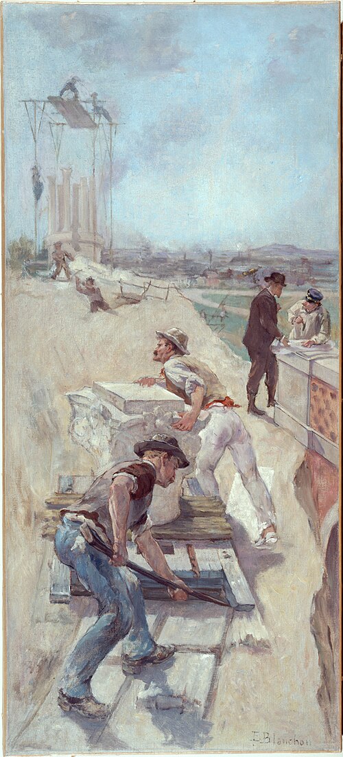Esquisse pour la galerie Lobau de l'Hôtel de Ville de Paris : Travaux d'établissement d'un square, 1890, Émile Blanchon