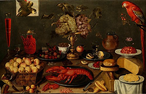 Still life with a lobster, glasswork, bread, cheese and parrots, 1640, Artus Claessens