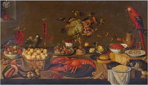 Large banquet still life with lobster, fruits, wine glasses, porcelain and pewter plates, birds, mon, 1634, Artus Claessens