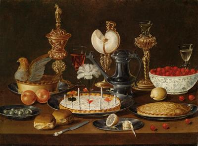 An opulent still life with a nautilus cup, 1634, Artus Claessens