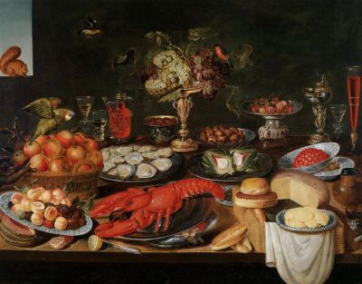 An opulent kitchen still life with a lobster, oysters, fruit, cheese and a parrot, 1634, Artus Claessens