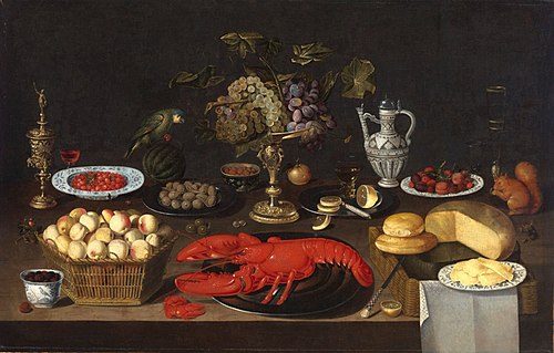 Still Life of Fruit, a Lobster, Cheeses and Drinking Vessels with a Parrot and a Squirrel on a Table, 1650, Artus Claessens