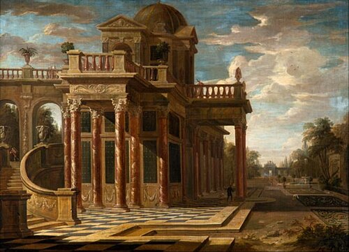 Architectural capriccio with figures (2), 1750, Willem Augustin van Minderhout