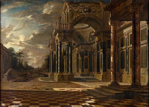 Architectural capriccio with figures, 1750, Willem Augustin van Minderhout