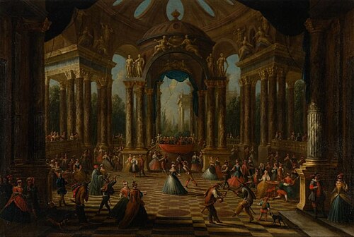 Fantasized palace interior with a masked ball, 1740, Willem Augustin van Minderhout