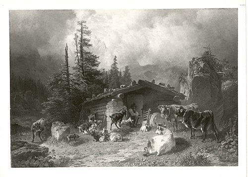 Hirt mit Kühen und Ziegen vor der Almhütte, 1857, Friedrich Voltz