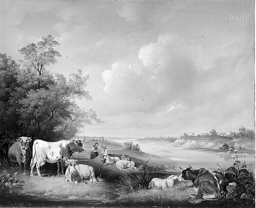 Kühe und Schafe am Isarufer mit Blick auf Föhring, 1842, Friedrich Voltz