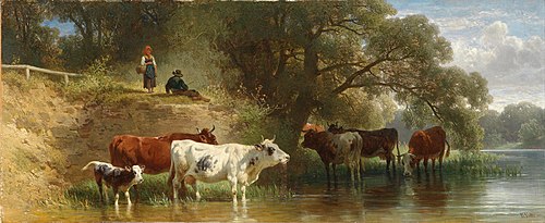 Weidende Kühe am Fluss mit Hirten, 1874, Friedrich Voltz