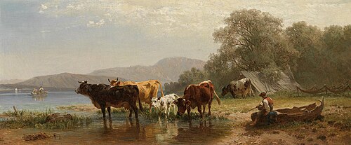 Kühe am Seeufer mit Fischerboot, 1871, Friedrich Voltz