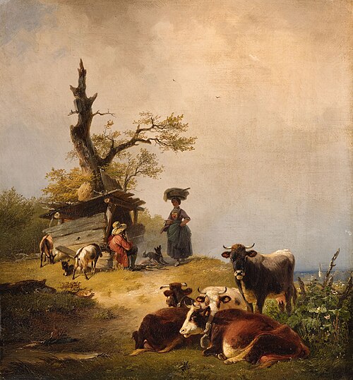 Almlandschaft mit Sennern und Viehherde, , Friedrich Voltz
