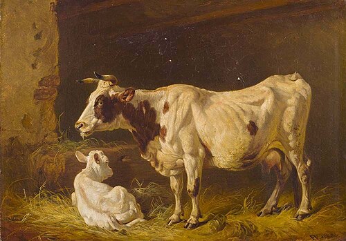 Cow with calf in stall, , Friedrich Voltz