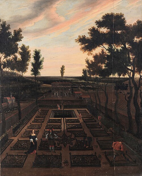 Landscape with figures tending a garden, 1685, Melchior Hamers