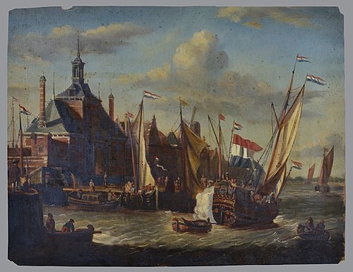 Ooster Oudehoofdpoort met op voorgrond aangemeerde zeilschepen en saluerend Statenjacht, , Jan Bikkers