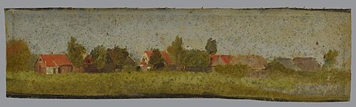 Strook boerderijen en bomen met op de voorgrond weiland, , Jan Bikkers
