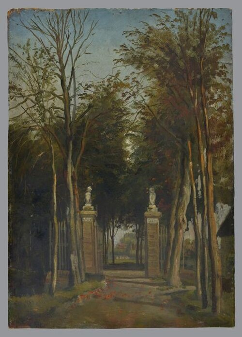 Toegangshek van slot Muyden in het Toepad, buiten Rotterdam, 1860, Jan Bikkers