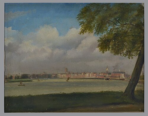 Gezicht op de stad met Rijksentrepot vanuit de Oude Plantage, 1859, Jan Bikkers