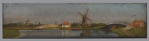 Gezicht op de Rotte onder Rubroek met wipwatermolen en Hooge Rottebrug, 1860, Jan Bikkers