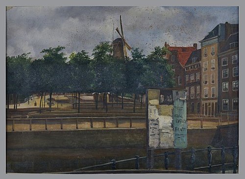 Blauwe molen en Veemarkt met op voorgrond aan de kade een reclameplakbord, 1860, Jan Bikkers