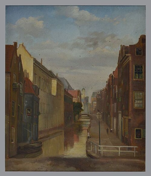 Achterklooster met de toren van het stadhuis aan de Kipstraat, 1859, Jan Bikkers