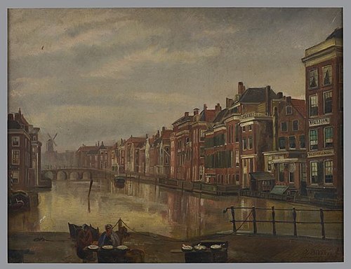 Binnenrotte gezien richting Lombardse brug met op de voorgrond twee verkoopsters met waren, 1860, Jan Bikkers