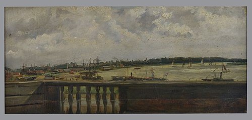 Gezicht vanaf het dak van het Stadstimmerhuis over de Haringvliet zuidzijde en Maas met op voorgrond, 1859, Jan Bikkers