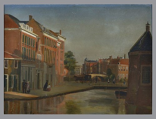 Gezicht op de Karnemelkshaven met wandelende mensen en koets, 1861, Jan Bikkers