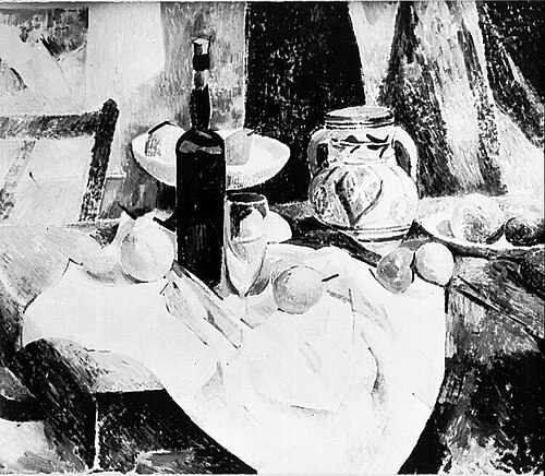 Stilleben mit Keramikkrug, Flasche und Früchten, 1911, Rudolf Levy