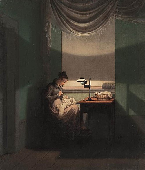 Junge Frau, beim Schein einer Lampe nähend, 1823, Georg Friedrich Kersting