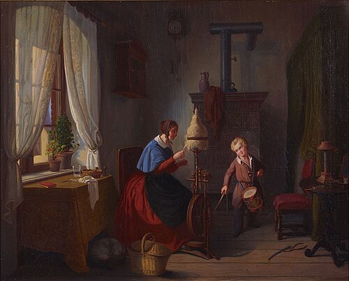 Woman at the spinning wheel and drum boy with saber, 1828, Georg Friedrich Kersting